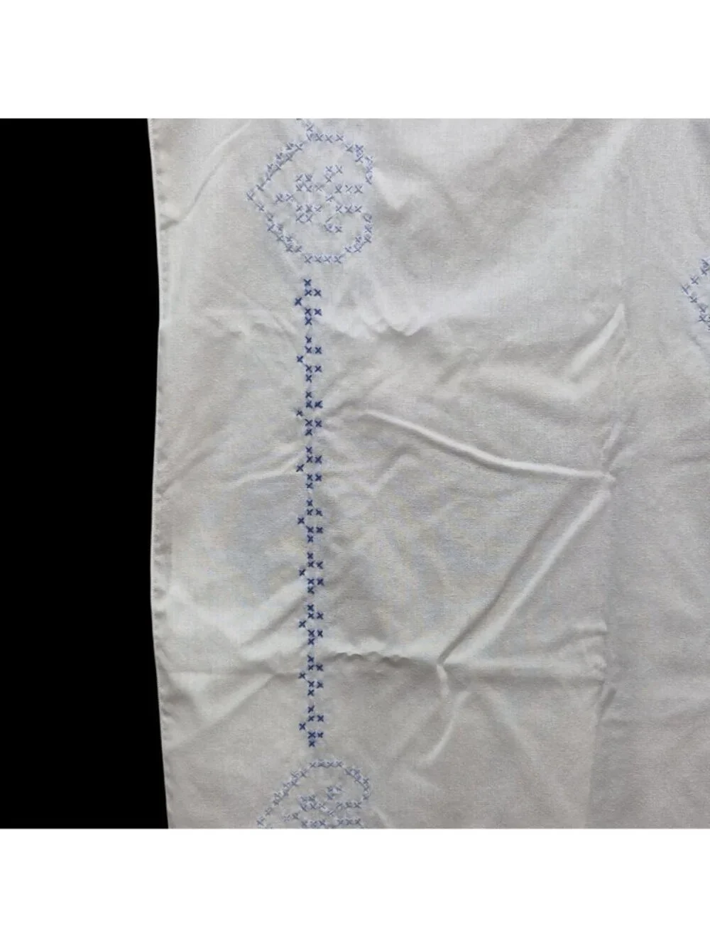 Vintage Hand Embroidered White Tablecloth Blue Cross-Stitch Heart Floral Cotton